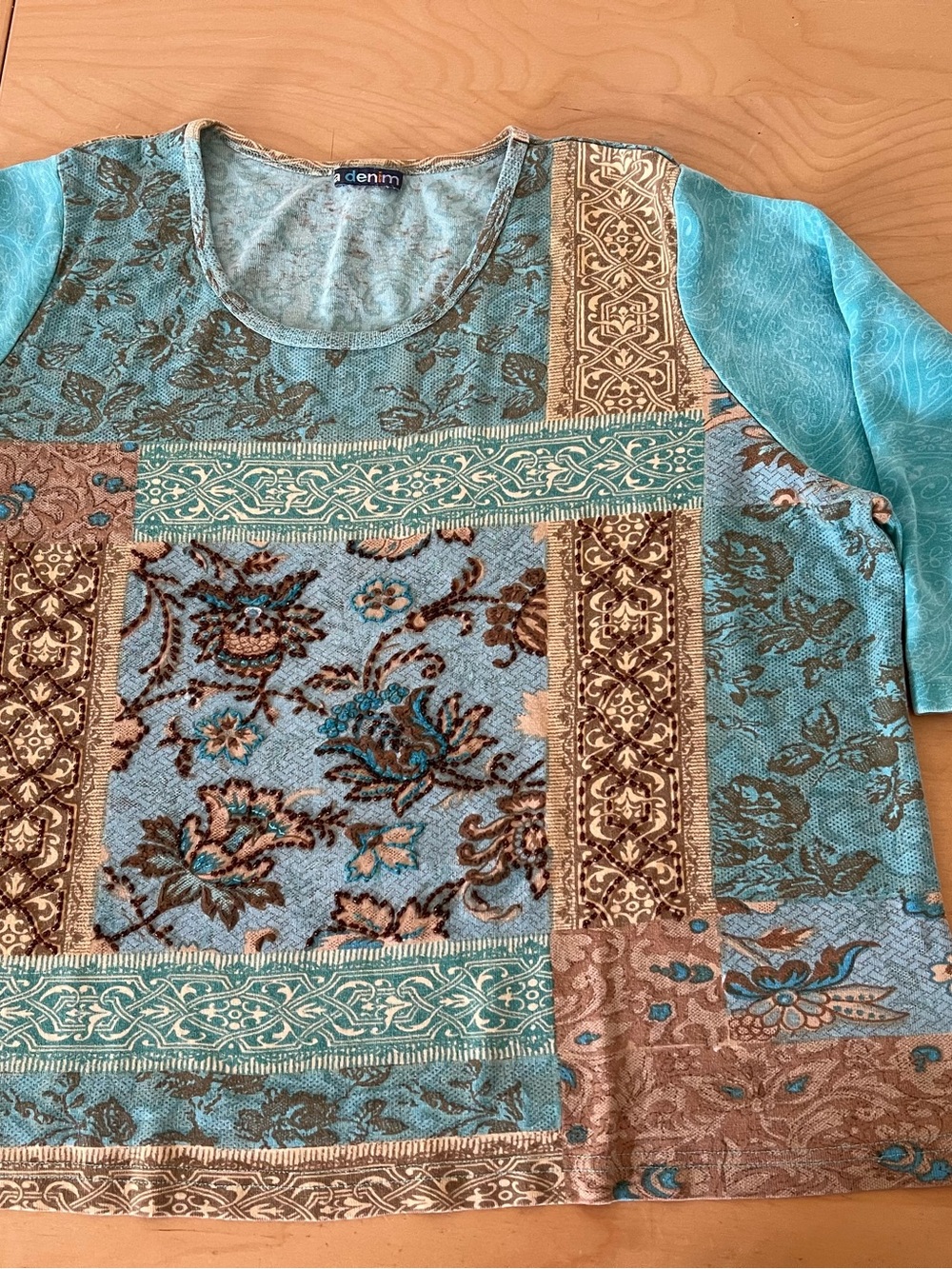 Denim Textured Patchwork beaded Scoop Neck Sweatshirt - Teal Blue